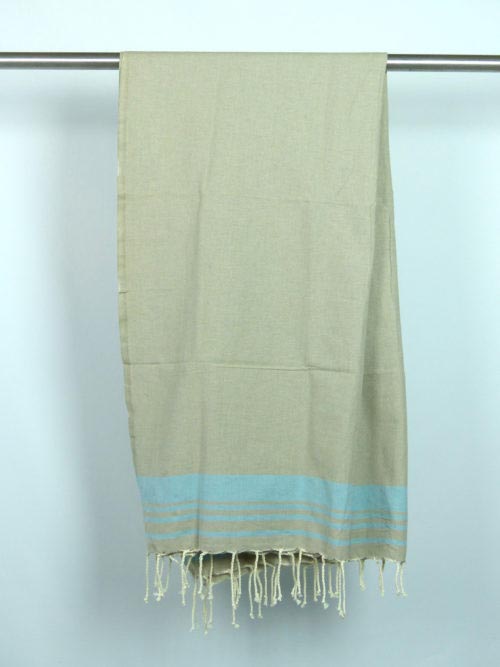 Fouta tissage à plat beige rayures bleues ciel 1m x 2m Phuket N081