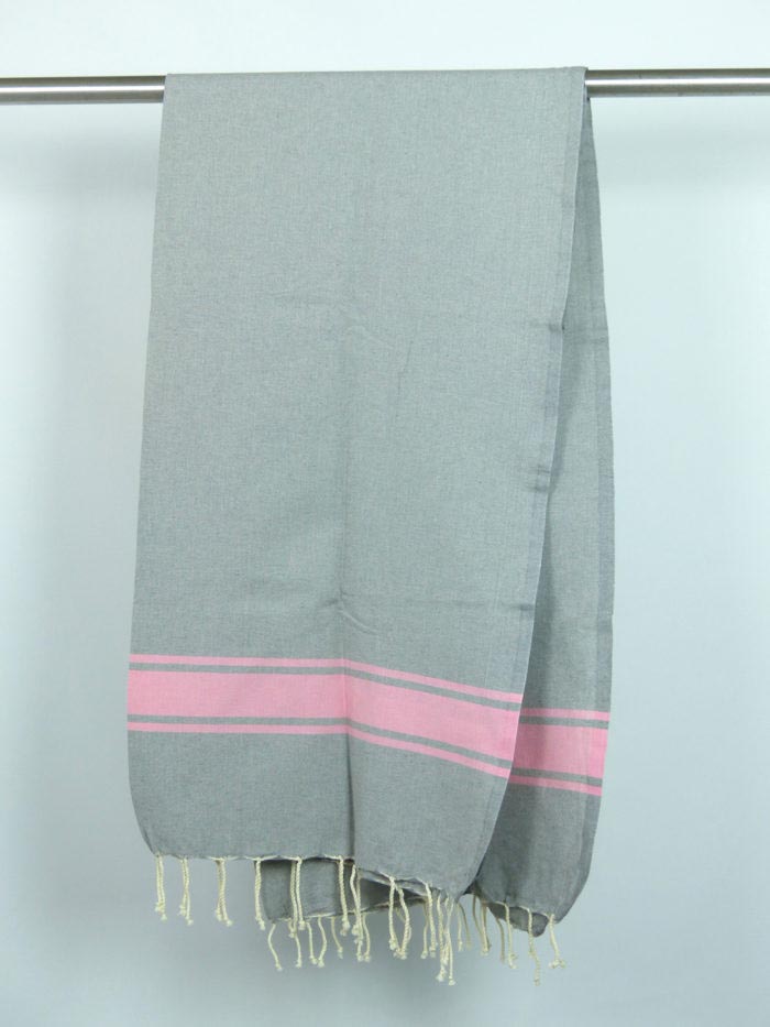 Fouta tissage à plat gris moyen bandes rose clair 1m x 2m Ibiza N048
