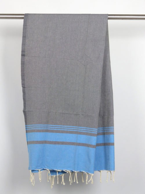 Fouta tissage à plat gris foncé bandes bleu turquoise 1m x 2m Hawaï N087