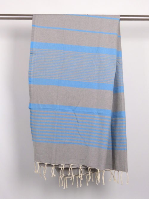 Fouta tissage à plat gris moyen clair bandes turquoises 1m x 2m Arthur N088