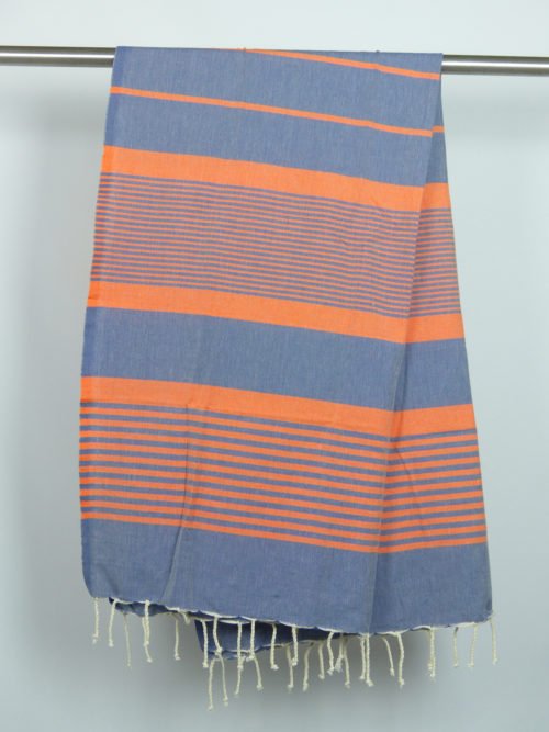 Fouta tissage à plat bleu délavé bandes orange 1m x 2m Arthur N094