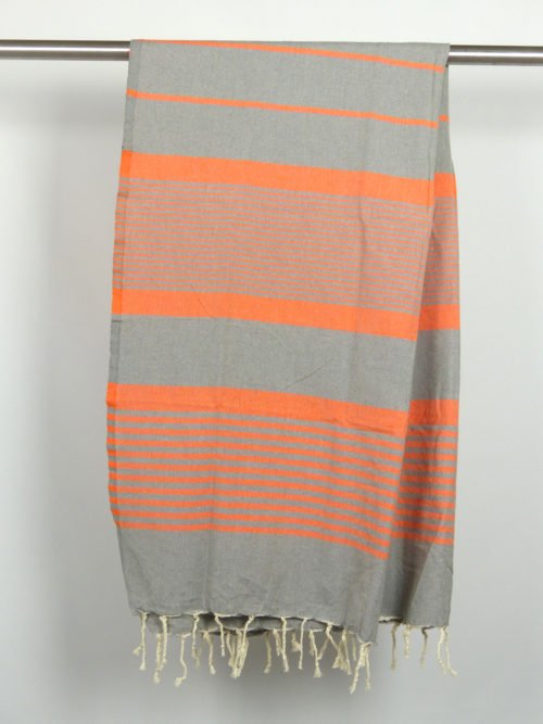 Fouta tissage à plat gris moyen bandes orange 1m x 2m Arthur N102