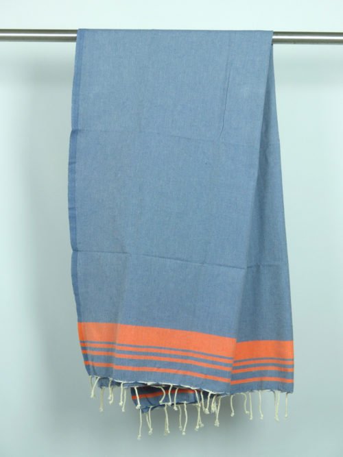 Fouta tissage à plat bleu délavé bandes orange 1m x 2m Phuket N118-B