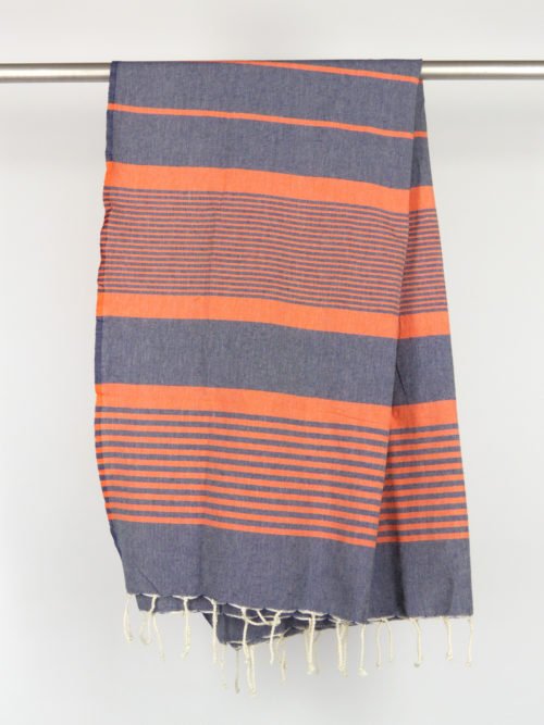 Fouta tissage à plat bleu marine rayures orange 1m x 2m Arthur N160