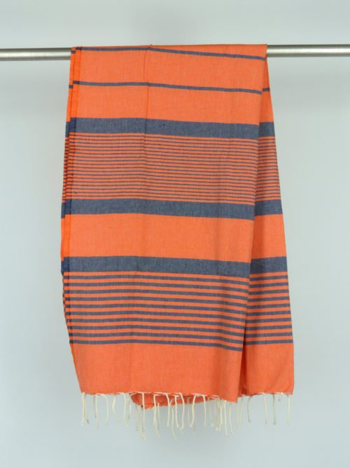 Fouta tissage à plat orange rayures bleu marine 1m x 2m Arthur N169